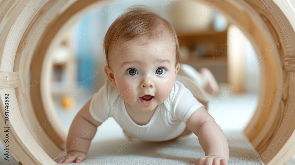 Wall mural an adorable baby smiling while crawling through a wooden play tunnel, capturing the pure joy and cur