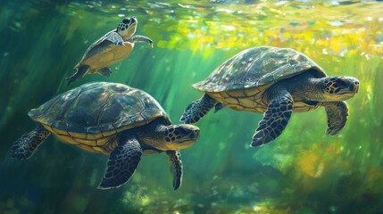 Serene Sea Turtles Swimming Underwater Amidst Sunlight