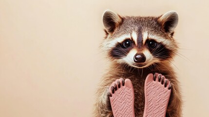 A cute raccoon holds pink toy feet, showcasing a playful and whimsical scene.