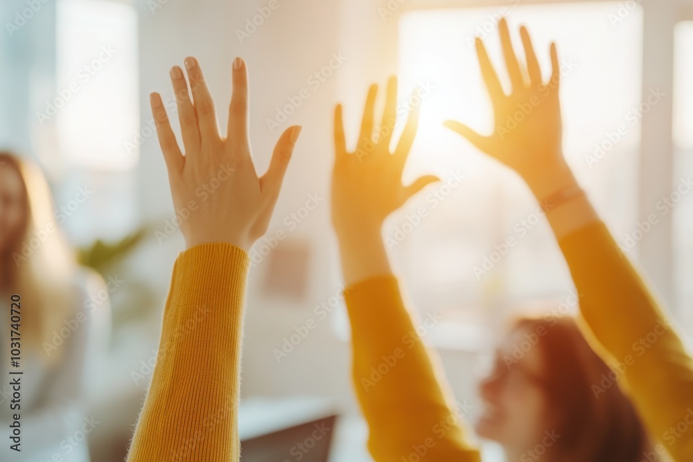 Wall mural colleagues celebrating victory, team members high-fiving in a moment of joy and camaraderie, express