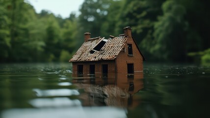 An old house submerged in floodwater, with only the roof barely visible above the water's surface.
