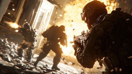 Fototapeta premium Intense Urban Warfare 3D Render - Military Operation Chaos in Futuristic Cityscape | Ultra-Detailed Illustration of Soldiers Battling Insurgents