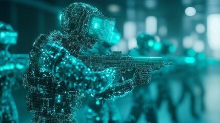 Futuristic Warfare 3D Render: Soldiers Utilizing Augmented Reality for Strategic Coordination in Battle | Ultra-Detailed Illustration