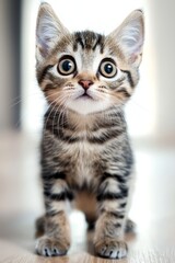  A tight shot of a kitten on a wooden floor, its face slightly outfocused against a hazy backdrop