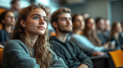 Fototapeta premium group of students attentively listening to a lecture, with a young woman in the foreground looking engaged and thoughtful, in a bright classroom setting