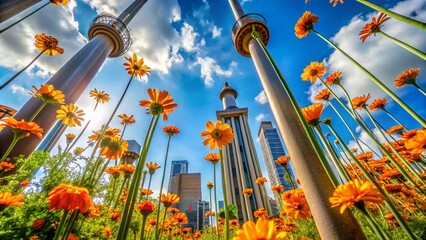 Urban Exploration: Orange Flower Poles Under Blue Sky - Vibrant Nature Meets Cityscape