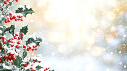 A winter scene featuring holly berries and snowflakes, evoking a festive atmosphere.