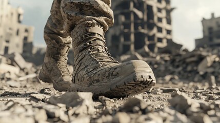 Futuristic Warfare 3D Render: Soldier's Combat Boots in Devastated City - Harsh Realities of War Illustrated in Ultra-Detailed Close-Up