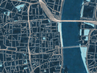 Painterly Style City Map of Koln Zentrum, Germany in a Blue Color Scheme.