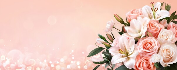 Fototapeta premium Romantic bouquet of roses and lilies with a blank space for your personalized message or text.