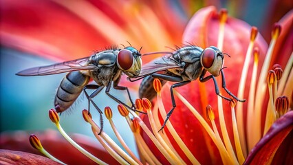 Urban Exploration Photography: Two Flies Mating on a Spider Lily Petal in a Vibrant Natural Setting