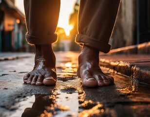 Los pies de un hombre pobre descalzo en la calle sobre un charco