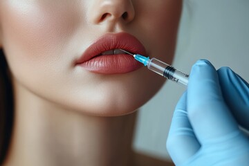 Cosmetologist making beauty injection to young woman, holding syringe near female lips, closeup shot, Generative AI