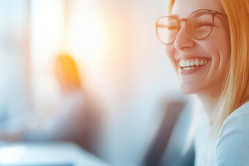 Joyful business team collaborating and sharing laughter in a vibrant office environment, fostering creativity and teamwork.