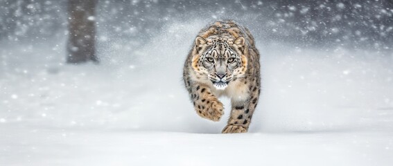 Obraz premium A snow leopard sprinting through a snowy landscape during a snowstorm.