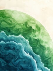 Obraz premium Delicate watercolor painting of Earth featuring vibrant green landmasses against a soft blue backdrop.