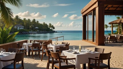 Fototapeta premium An outdoor beachfront restaurant with white tablecloths and wooden chairs, overlooking a calm ocean with lush tropical vegetation in the background.