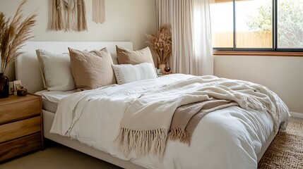 Elegant and Cozy Modern Bedroom Interior Design with Stylish Decor, mockup, poster and Background