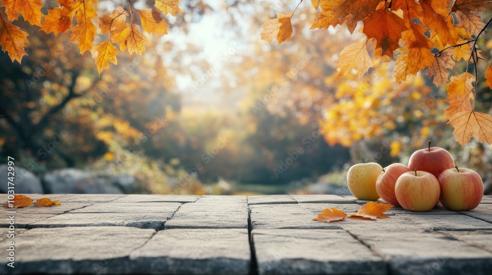 Poster A serene autumn scene with colorful leaves and fresh apples on a stone surface.