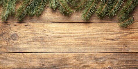 A wooden surface adorned with evergreen branches, creating a festive atmosphere.