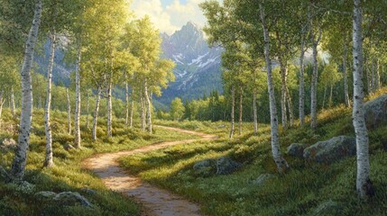 Obraz premium A serene landscape featuring a winding path through a lush forest with mountains in the background.