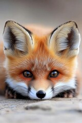  A red fox in a close-up, head rested on the ground, eyes wide open