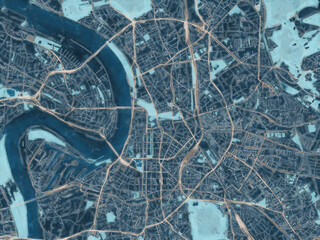 Painterly Style City Map of Dusseldorf, Germany in a Blue Color Scheme.