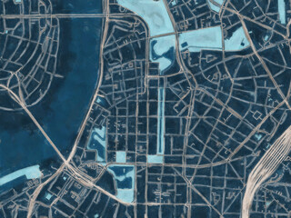 Painterly Style City Map of Dusseldorf Zentrum, Germany in a Blue Color Scheme.