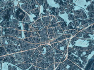 Painterly Style City Map of Essen, Germany in a Blue Color Scheme.