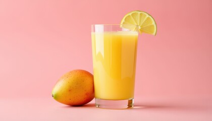 Isolated mango lassi in a decorative glass set against a soft pink background for tropical refreshment.