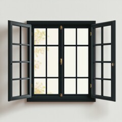 Open Black Window with Panes on White Wall   Modern Home Design Element