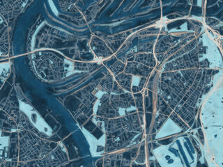 Painterly Style City Map of Duisburg, Germany in a Blue Color Scheme.