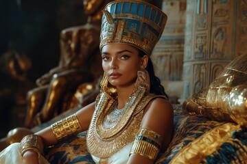 Regal Egyptian queen seated on her ornate throne amidst ancient artifacts and lavish decor