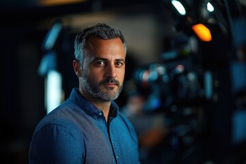 Obraz premium A focused engineer collaborates on creative projects in a studio environment at night