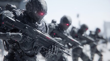 Fototapeta premium Futuristic Exoskeleton Soldiers in Urban Combat - Ultra-Detailed 3D Render Illustration