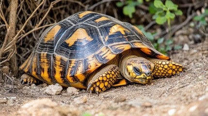 Obraz premium A close-up of a colorful tortoise resting on the ground among plants.