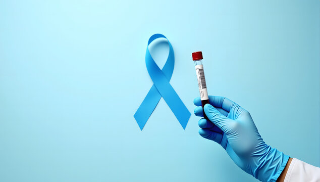 Blue ribbon with Medical gloves, blue background, blood sample tube