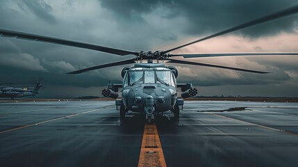 A black hawk helicopter sits on a runway with stormy skies above.