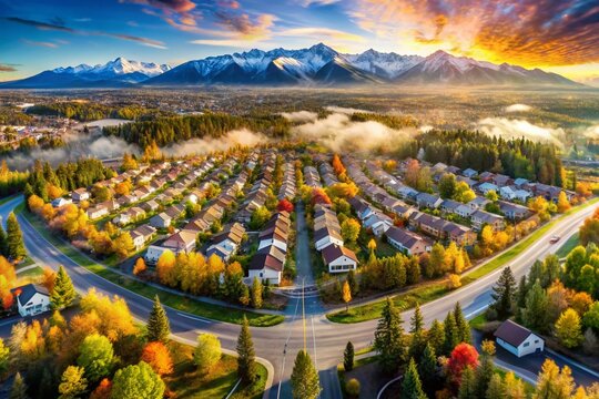 Urban Sprawl Aerial View of Residential Houses in Anchorage, Alaska - Double Exposure Photography