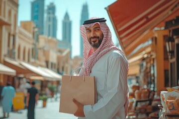 A Saudi man enjoys a stylish cafe day in a bustling market under a clear sky