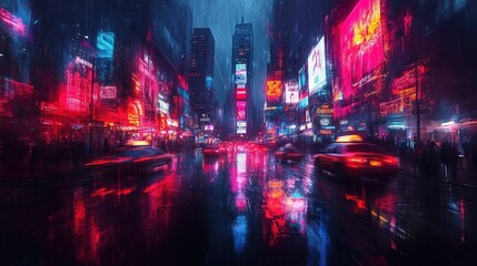 Obraz premium A modern city comes alive at night with colorful digital displays reflecting on rain-slick streets. Bright taxis navigate the bustling atmosphere, creating an energetic scene