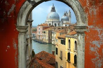View of the Grand Canal with historic buildings in Venice framed by an archway