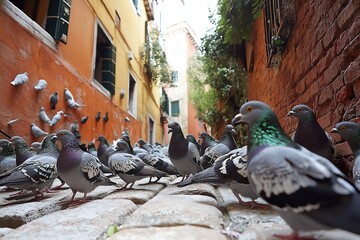 Fototapeta premium Pigeons gather in chaotic flocks on the cobblestone streets of St. Marks Place in Venice