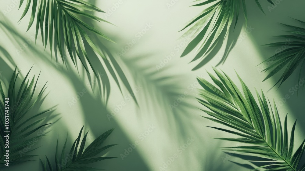 Wall mural A serene arrangement of green palm leaves casting shadows on a light background.