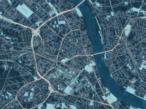 Painterly Style City Map of Bonn, Germany in a Blue Color Scheme.