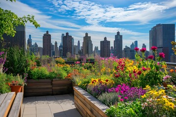 Fototapeta premium A vibrant rooftop garden featuring lush potted plants and a panoramic view of the city skyline under a clear blue sky