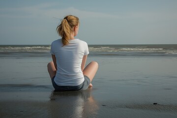 A woman sits by the sea reflecting on life during a tranquil afternoon