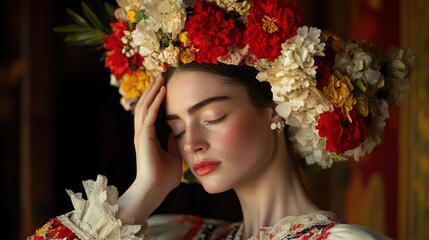 A young woman with her eyes closed, wearing a traditional embroidered blouse and a flower crown. Her hand rests gently on her forehead. The image has a warm, soft lighting and a dreamy atmosphere.