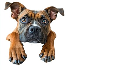 Obraz premium A close-up of a dog's face with its paws resting on a surface, looking curiously.