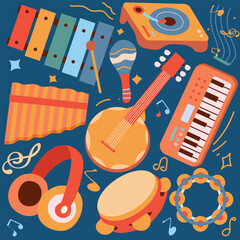 various kinds of musical instrument sticker packs with cheerful colors